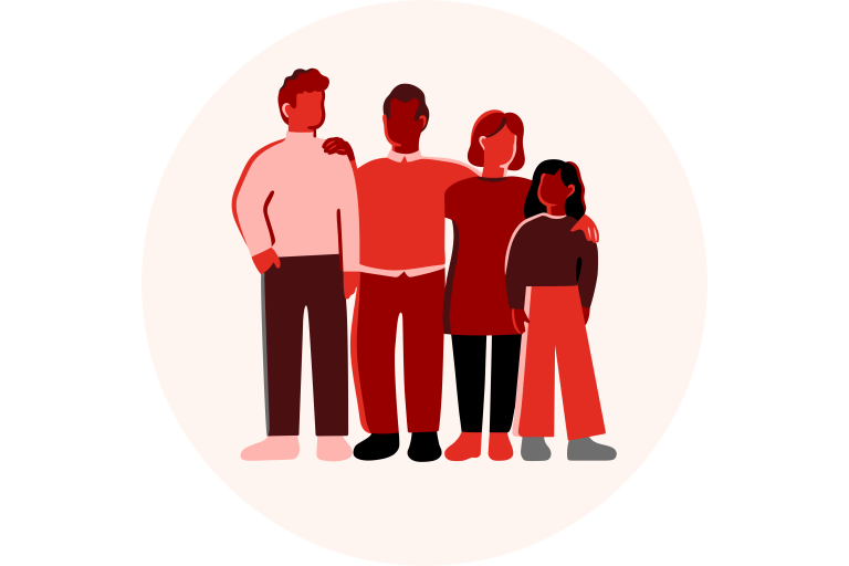 Illustrasjon av fire personer som holder armene rundt hverandre