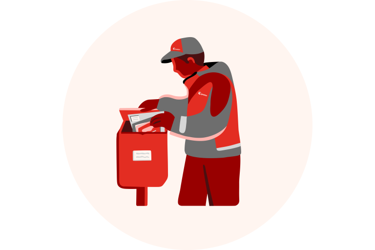 Illustrasjon av en postmann som legger brev i postkassen