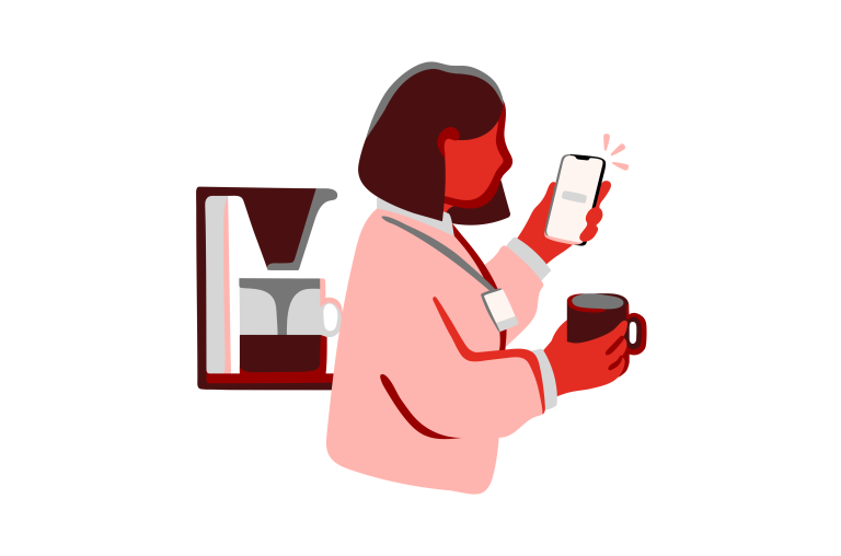 Illustrasjon av dame med mobil og kaffekopp i hendene
