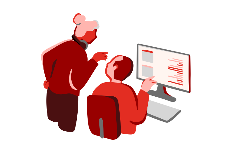 Illustrasjoner av to kollegaer som jobber sammen på en pc