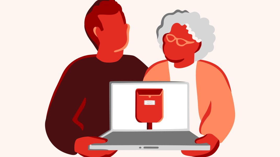 Illustrasjon av to personer som sammen holder en datamaskin med bilde av en postkasse