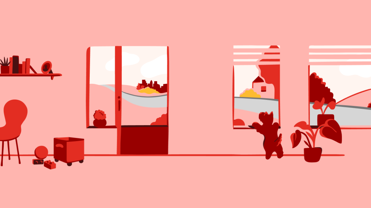 Illustrasjon av en stue med planter og møbler synlige i rommet, utsikt mot veien.